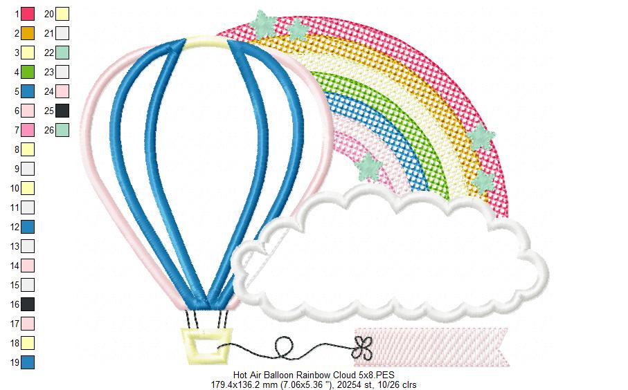 Hot Air Balloon, Rainbow and Cloud - Applique