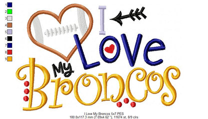 I Love My Broncos – Appliqué – Machine Embroidery Design