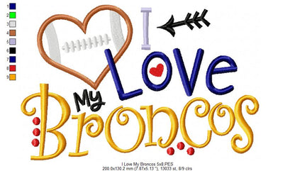 I Love My Broncos – Appliqué – Machine Embroidery Design