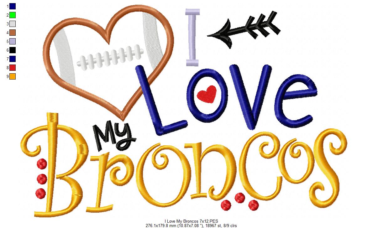 I Love My Broncos – Appliqué – Machine Embroidery Design