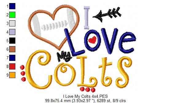 I Love My Colts Football - Appliqué - Machine Embroidery Design