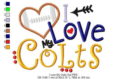 I Love My Colts Football - Appliqué - Machine Embroidery Design