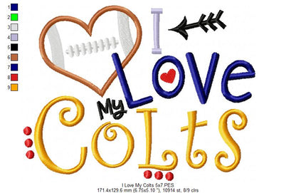 I Love My Colts Football - Appliqué - Machine Embroidery Design