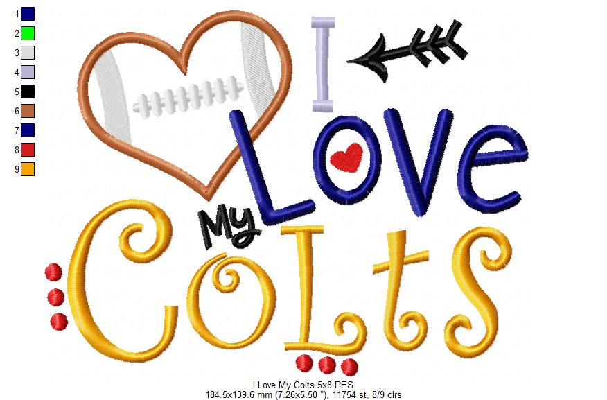 I Love My Colts Football - Appliqué - Machine Embroidery Design