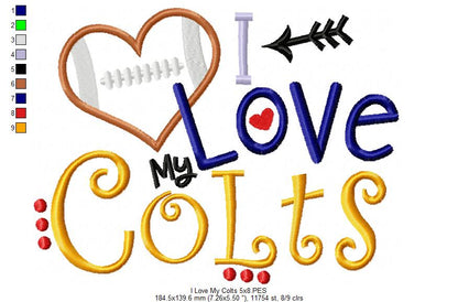 I Love My Colts Football - Appliqué - Machine Embroidery Design