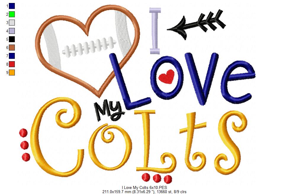 I Love My Colts Football - Appliqué - Machine Embroidery Design