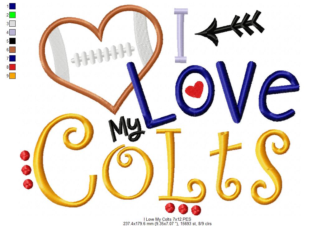 I Love My Colts Football - Appliqué - Machine Embroidery Design