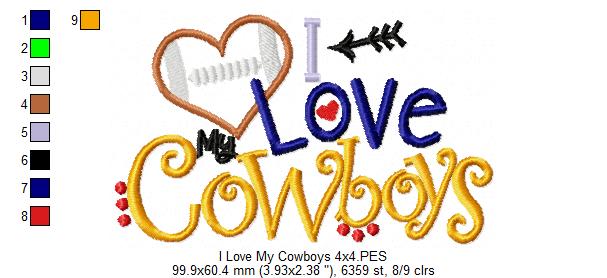 I Love My Cowboys Heart Football – Appliqué – Machine Embroidery Design