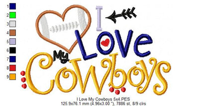 I Love My Cowboys Heart Football – Appliqué – Machine Embroidery Design