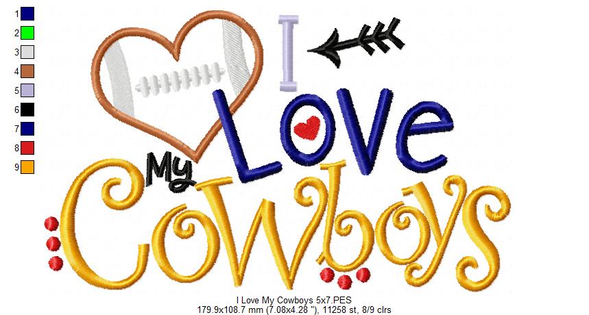 I Love My Cowboys Heart Football – Appliqué – Machine Embroidery Design