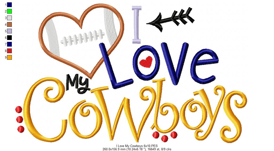 I Love My Cowboys Heart Football – Appliqué – Machine Embroidery Design