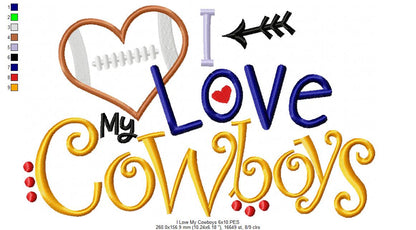 I Love My Cowboys Heart Football – Appliqué – Machine Embroidery Design