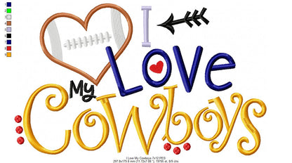 I Love My Cowboys Heart Football – Appliqué – Machine Embroidery Design