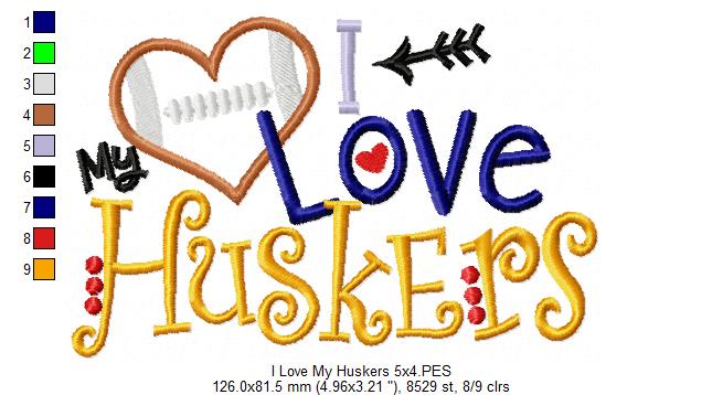 Football I Love my Huskers - Applique