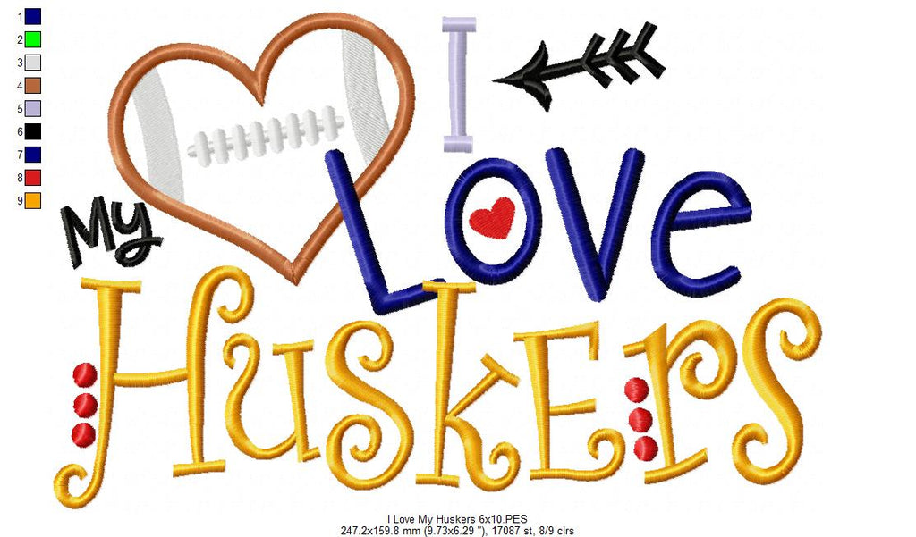 Football I Love my Huskers - Applique