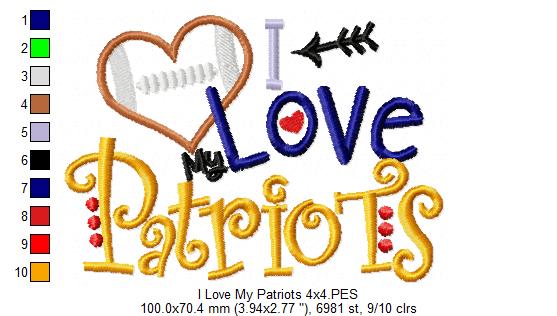 I Love My Patriots Football - Appliqué - Machine Embroidery Design
