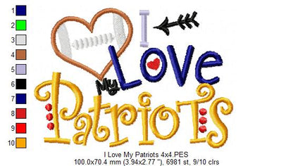 I Love My Patriots Football - Appliqué - Machine Embroidery Design