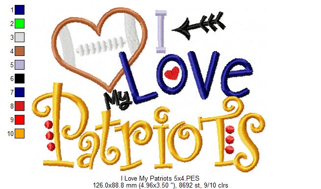 I Love My Patriots Football - Appliqué - Machine Embroidery Design