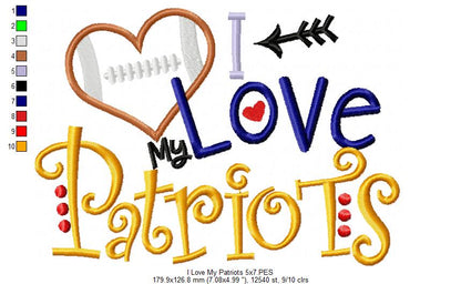 I Love My Patriots Football - Appliqué - Machine Embroidery Design
