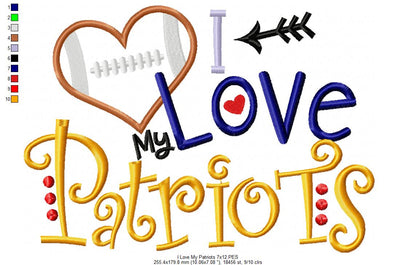 I Love My Patriots Football - Appliqué - Machine Embroidery Design
