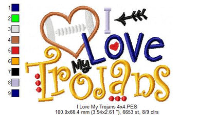 I Love My Trojans Football - Appliqué – Machine Embroidery Design