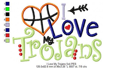 I Love My Trojans Basketball – Appliqué – Machine Embroidery Design