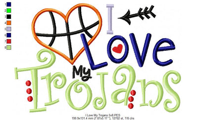 I Love My Trojans Basketball – Appliqué – Machine Embroidery Design