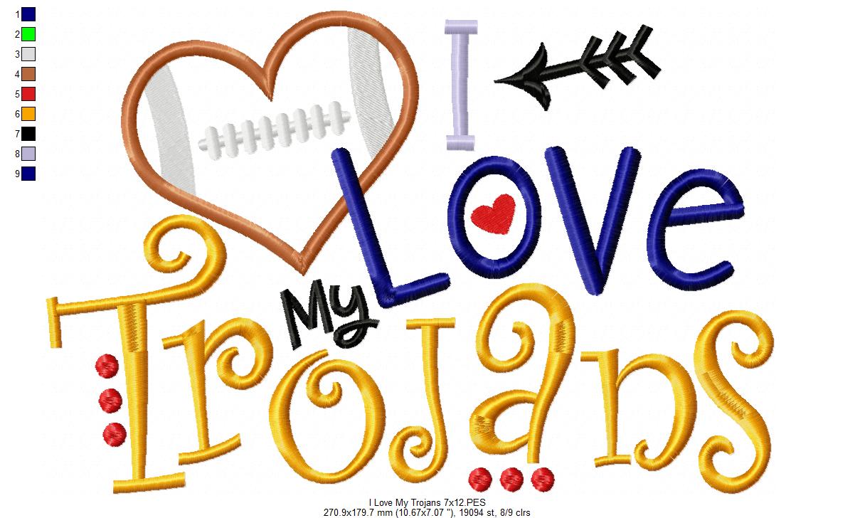 I Love My Trojans Football - Appliqué – Machine Embroidery Design
