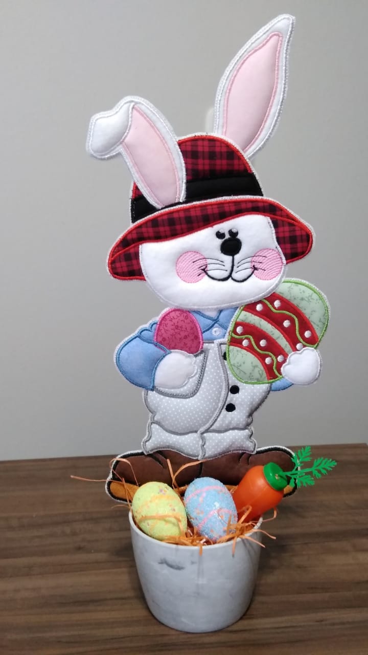 Easter Farmer Bunny Holding an Egg - Vase Ornament - ITH Project - Machine Embroidery Design