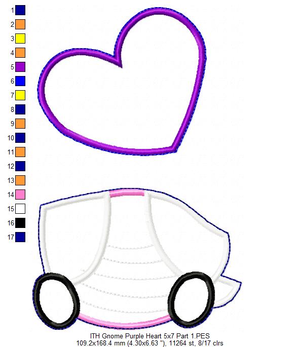 Gnome Purple Heart Ornament - ITH Project - Machine Embroidery Design