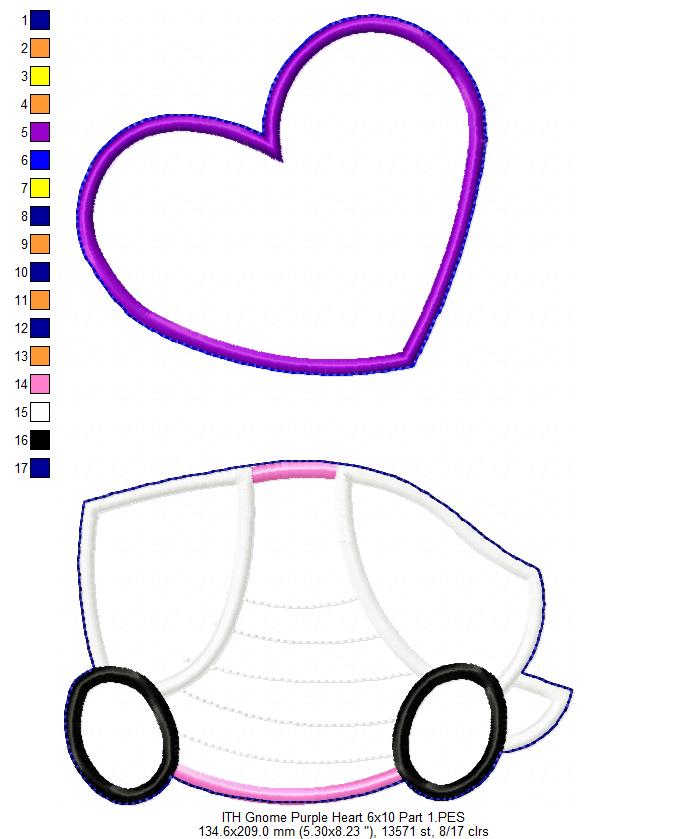 Gnome Purple Heart Ornament - ITH Project - Machine Embroidery Design