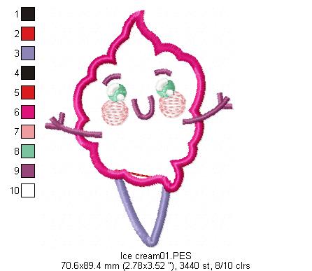 Cute Ice Cream - Applique - Machine Embroidery Design