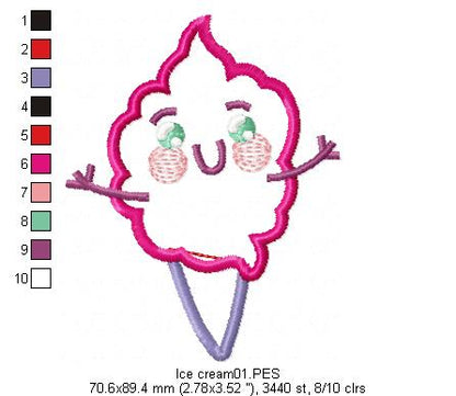 Cute Ice Cream - Applique - Machine Embroidery Design