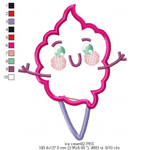 Cute Ice Cream - Applique - Machine Embroidery Design