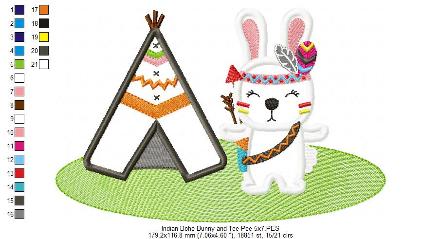 Indian Boho Bunny and Tee Pee - Applique - machine Embroidery Design