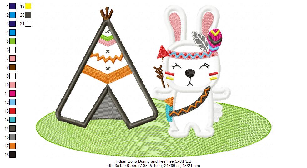 Indian Boho Bunny and Tee Pee - Applique - machine Embroidery Design