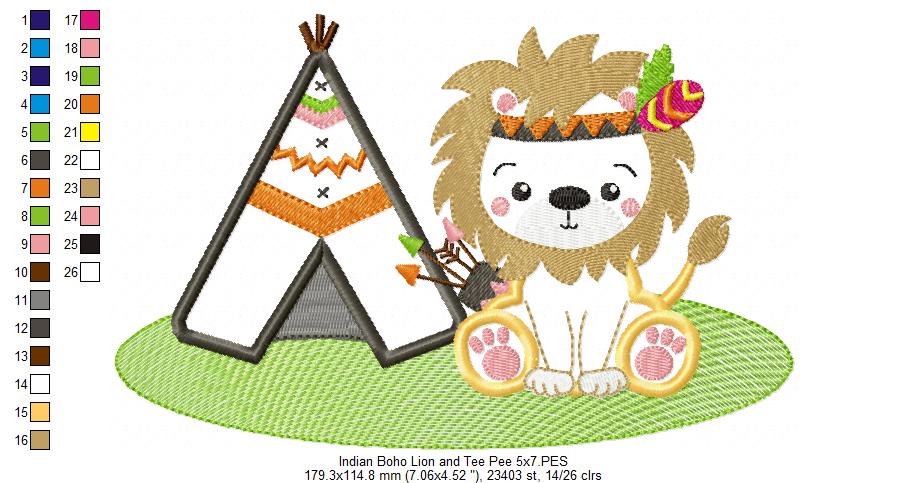 Indian Boho Lion and Tee Pee - Applique - Machine Embroidery Design