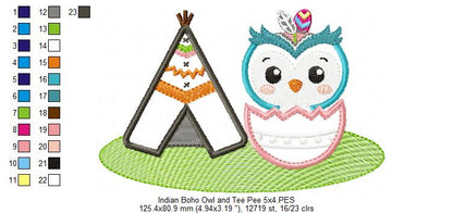 Indian Boho Owl and Tee Pee - Applique
