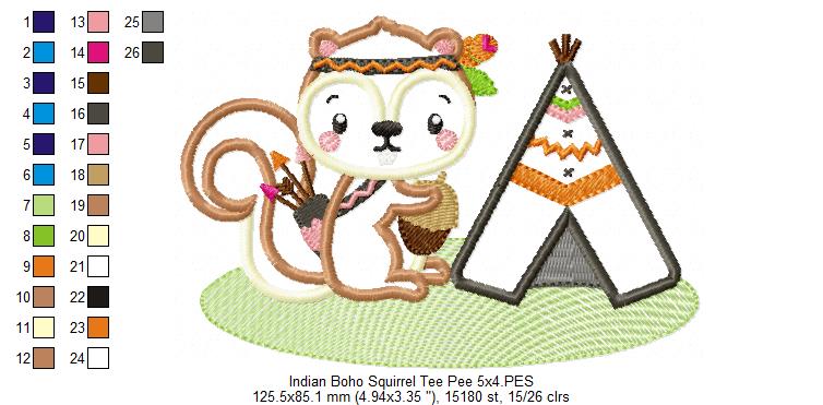 Boho Squirrel Teepee - Appliqué - Machine Embroidery Design