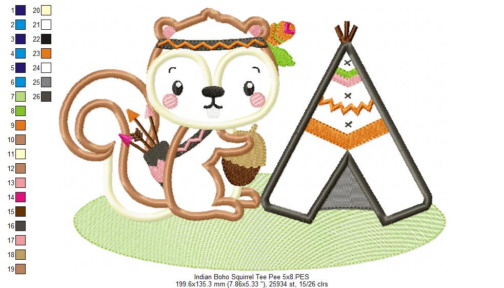 Boho Squirrel Teepee - Appliqué - Machine Embroidery Design