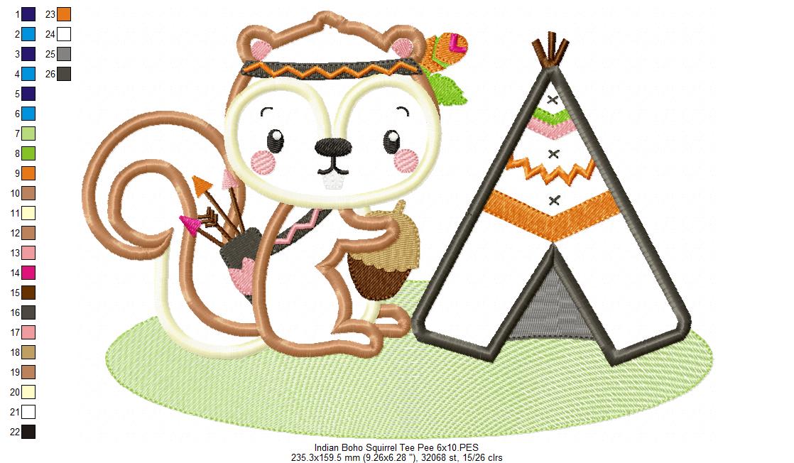 Boho Squirrel Teepee - Appliqué - Machine Embroidery Design