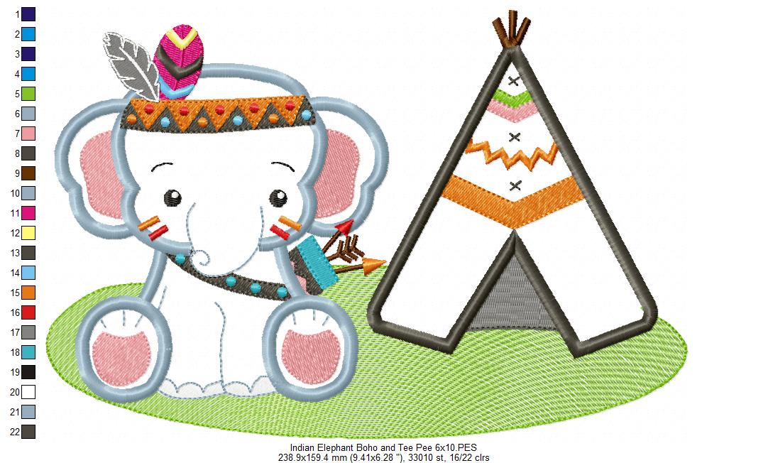Boho Elephant and Tee Pee - Applique Embroidery