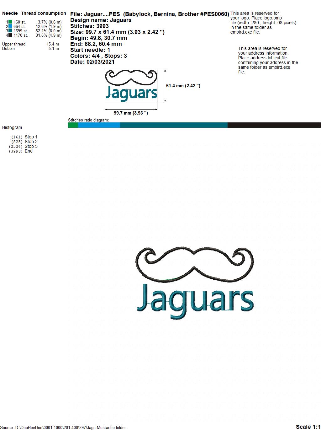 Jaguars Mustache – Appliqué – Machine Embroidery Design