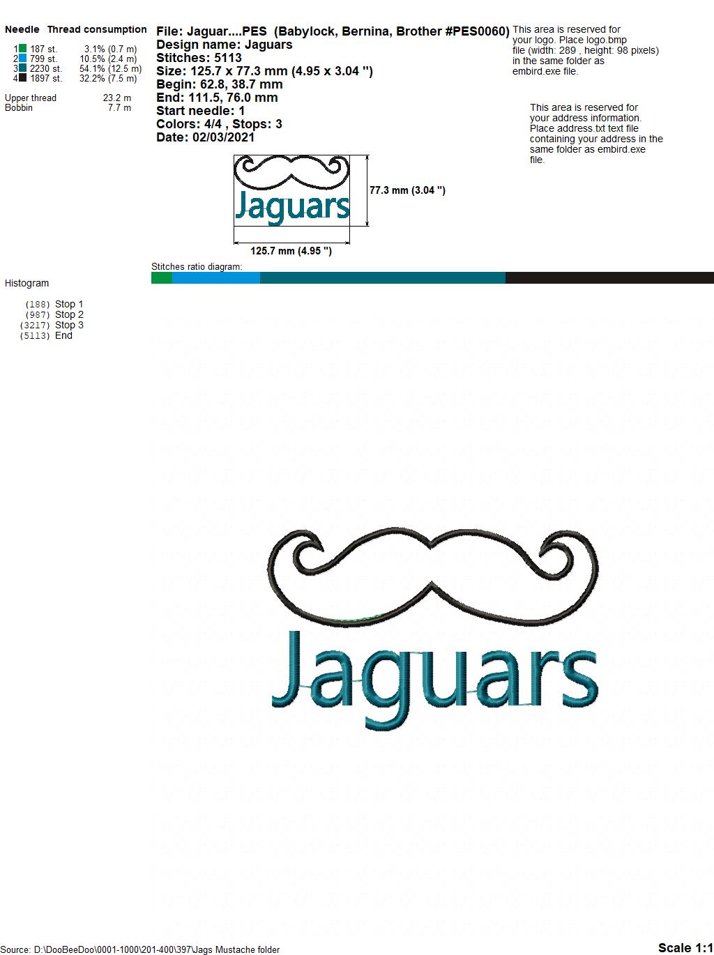 Jaguars Mustache – Appliqué – Machine Embroidery Design