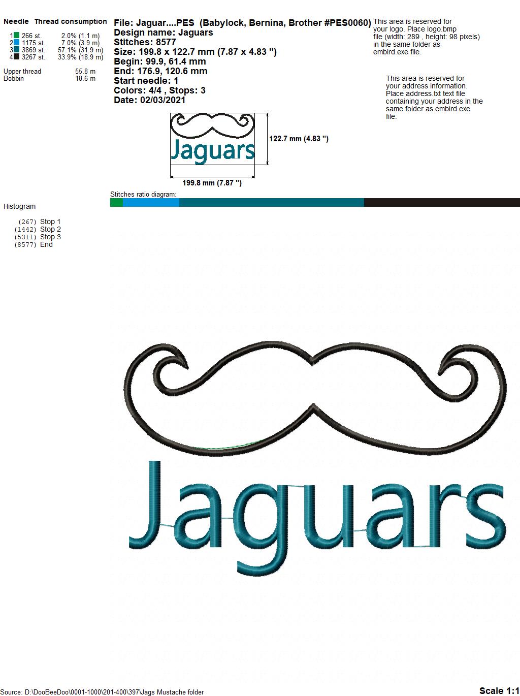 Jaguars Mustache – Appliqué – Machine Embroidery Design