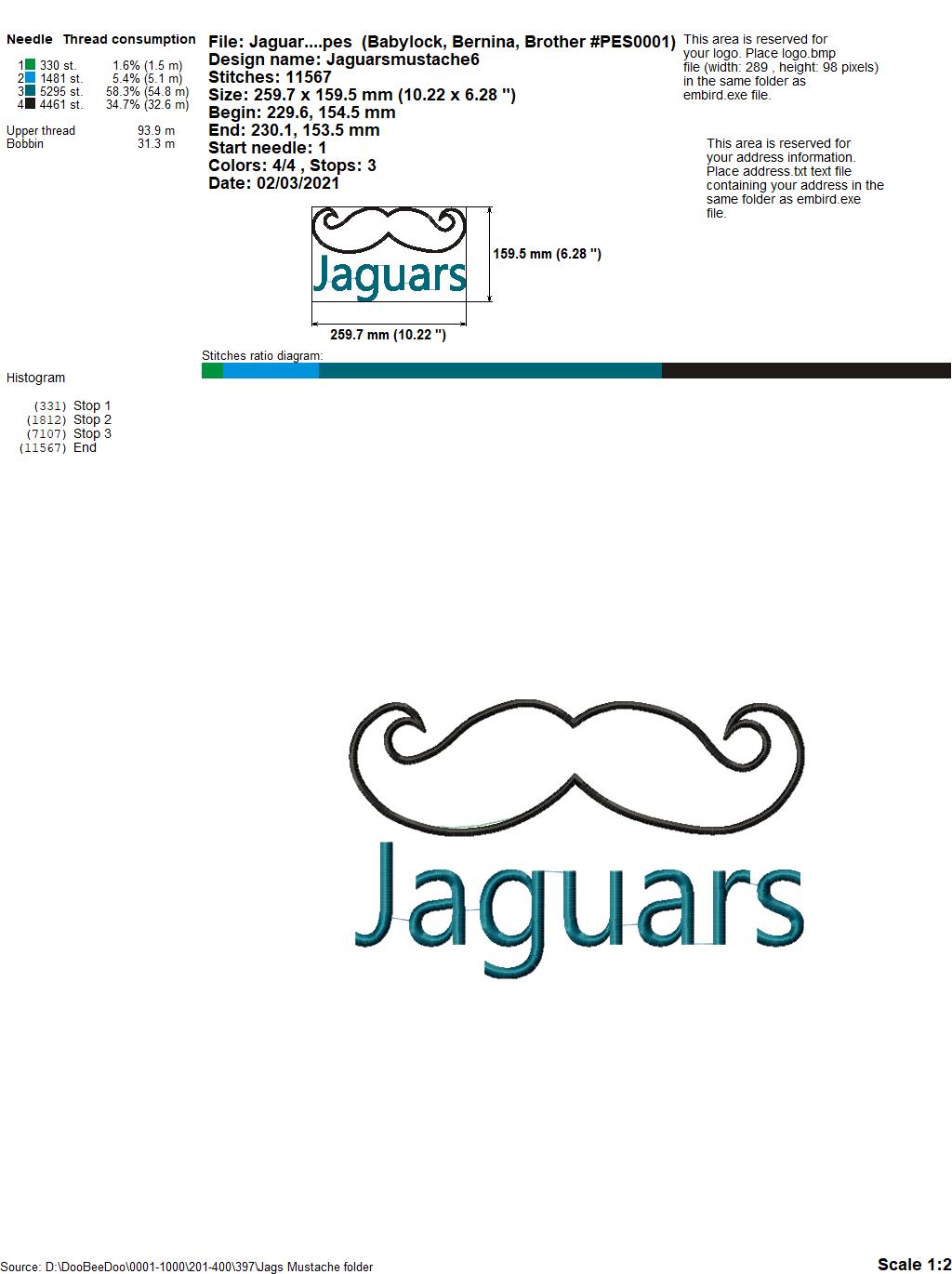 Jaguars Mustache – Appliqué – Machine Embroidery Design