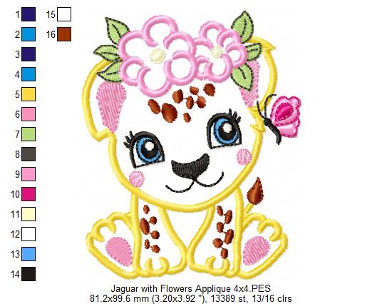 Jaguar Girl with Flowers - Applique & Fill Stitch - Set of 2 designs