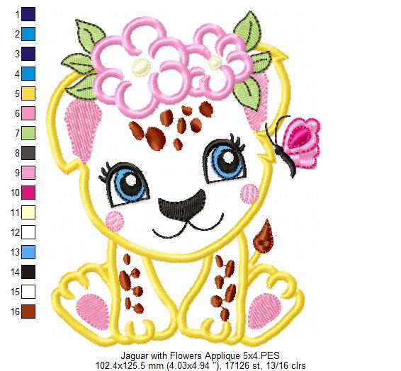 Jaguar Girl with Flowers - Applique & Fill Stitch - Set of 2 designs