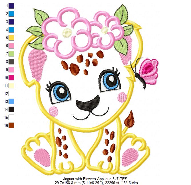Jaguar Girl with Flowers - Applique & Fill Stitch - Set of 2 designs