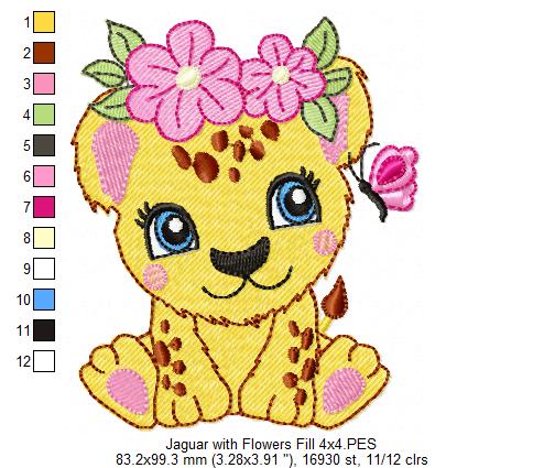 Jaguar Girl with Flowers - Fill Stitch